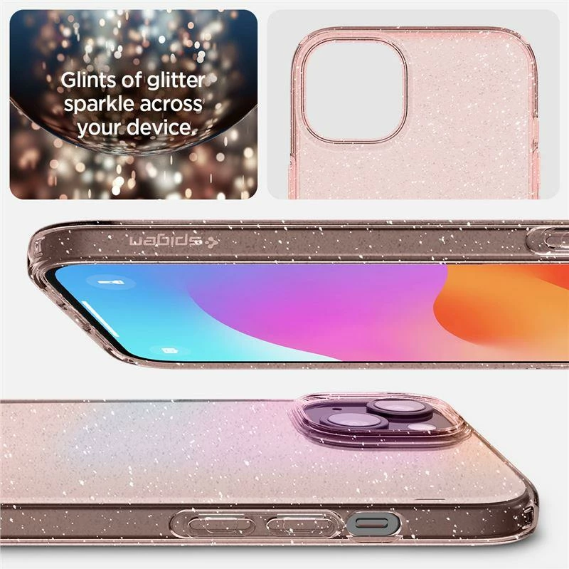 Mbështjellës Spigen Liquid Crystal Glitter për iPhone 15 Plus, Transparent/Rozë