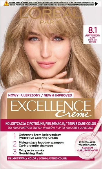 Ngjyrë për flokë L'Oreal Paris Excellence Creme 8.1 Light Ash Blonde për femra, 1 copë