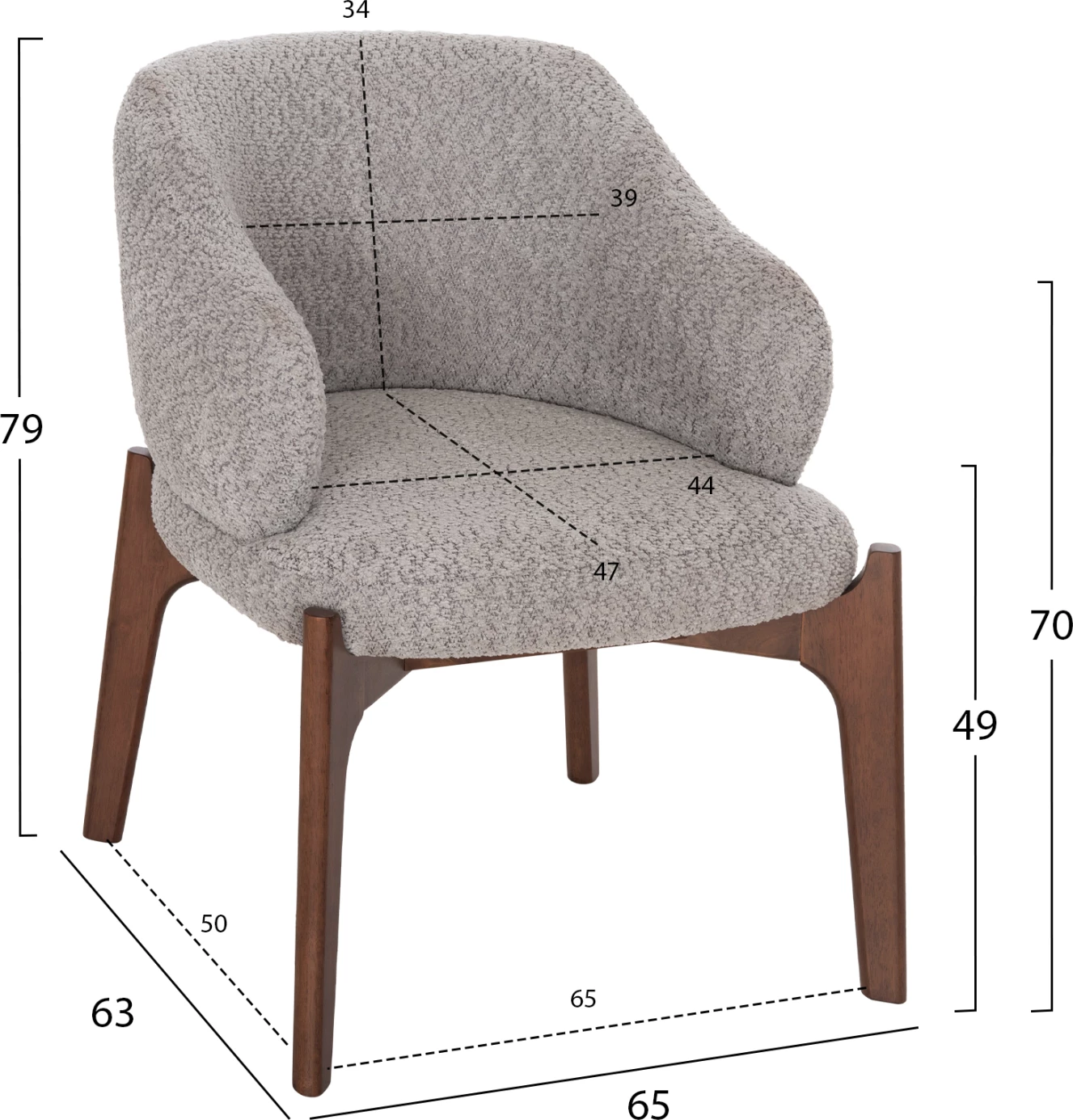 Karrige për ngrënie ABAI FH9971.03, dru gome, ngjyrë arre, pëlhurë boucle, gri e lehtë, 65x63x79 cm, set prej 2 copash