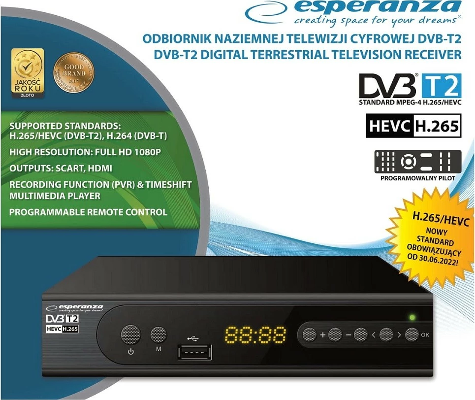 Dekoder digjital Esperanza EV106P DVB-T2 H.265/HEVC, i zi