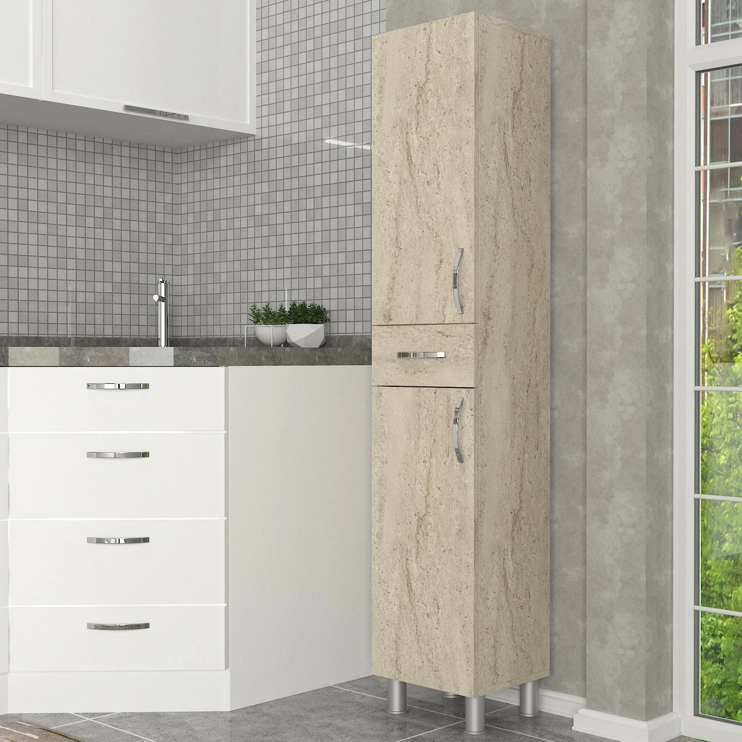 Dollap banjoje Selin, 2 dyer, 1 sirtar, ngjyrë travertin