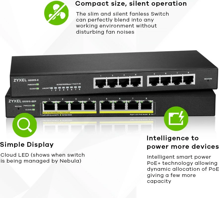 Switch Zyxel GS1915-8EP, i menaxhuar, L2, Gigabit Ethernet, PoE