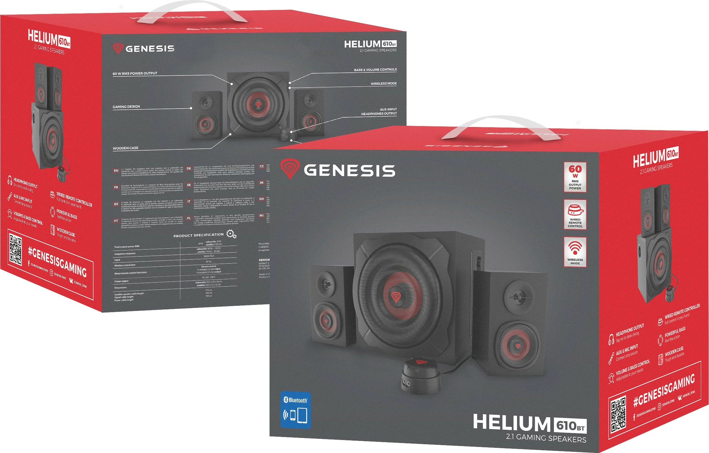 Zëdhënës 2.1 Genesis Helium 610BT, 60W, Bluetooth, për PC/Laptop, zi e kuqe