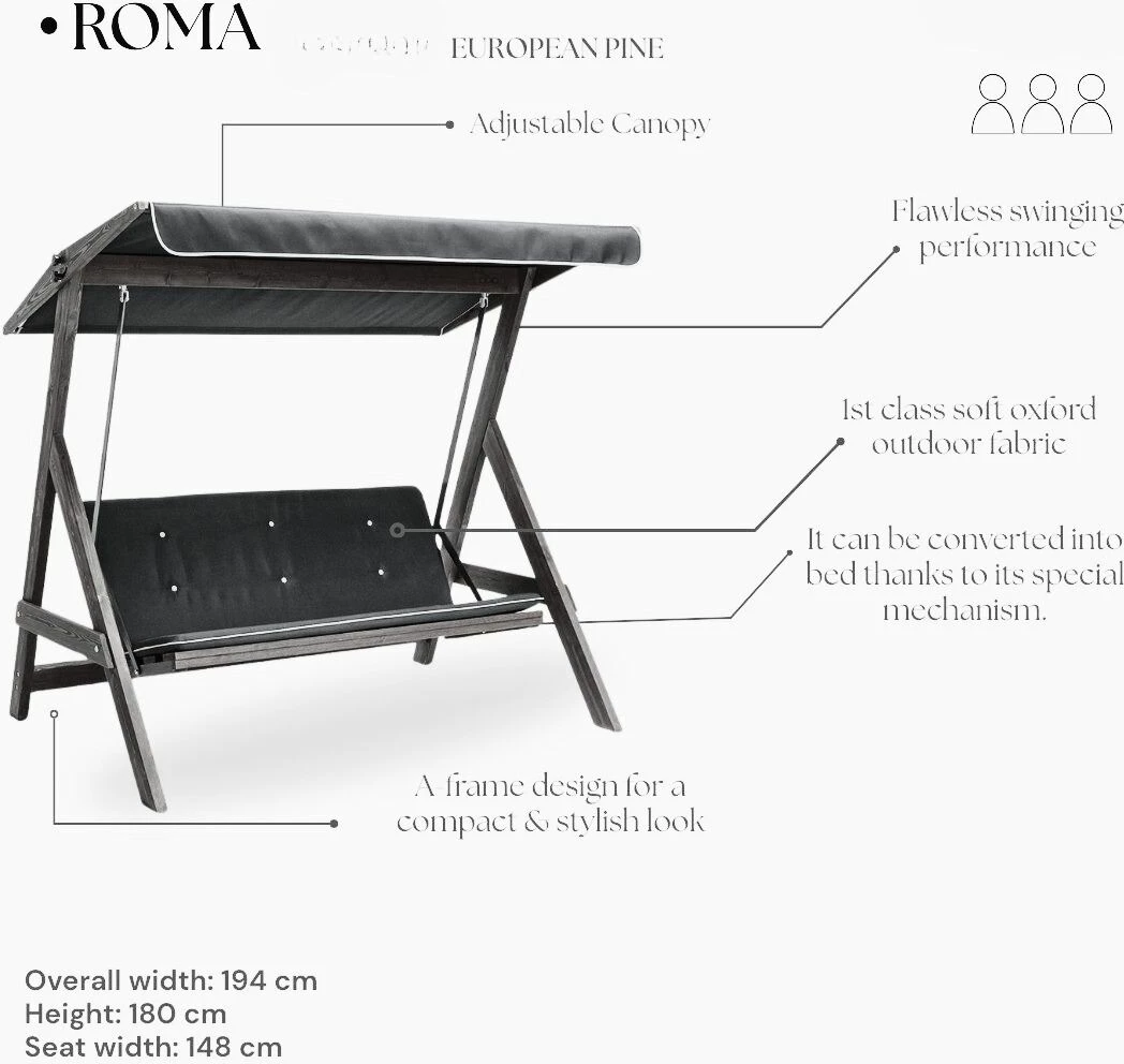 Karrige lëkundëse treshe për kopsht, ngjyrë antracit, Skye Decor, Roma 2000