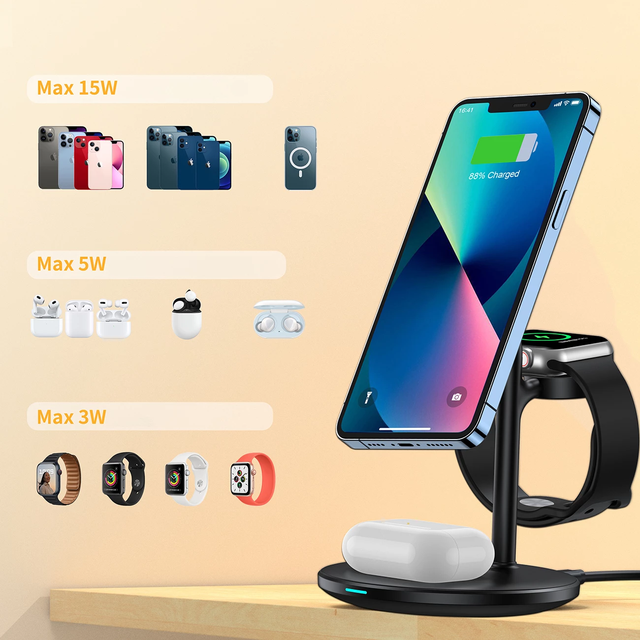 Stacion karikimi wireless 3-në-1 Choetech T585-F për iPhone 12/13/14, AirPods Pro dhe Apple Watch, USB-C, 15W, Zi