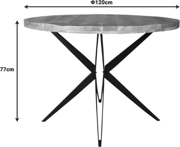Tavolinë e rrumbullakët Bocco dru mango natyral 3cm me këmbë metalike të zeza D120x77cm
