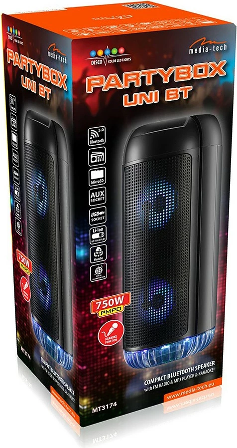 Altoparlant portativ Media-Tech PartyBox UNI BT MT3174, Bluetooth 5.0, Karaoke, FM, MP3, MicroSD, USB, AUX, 30W, i zi
