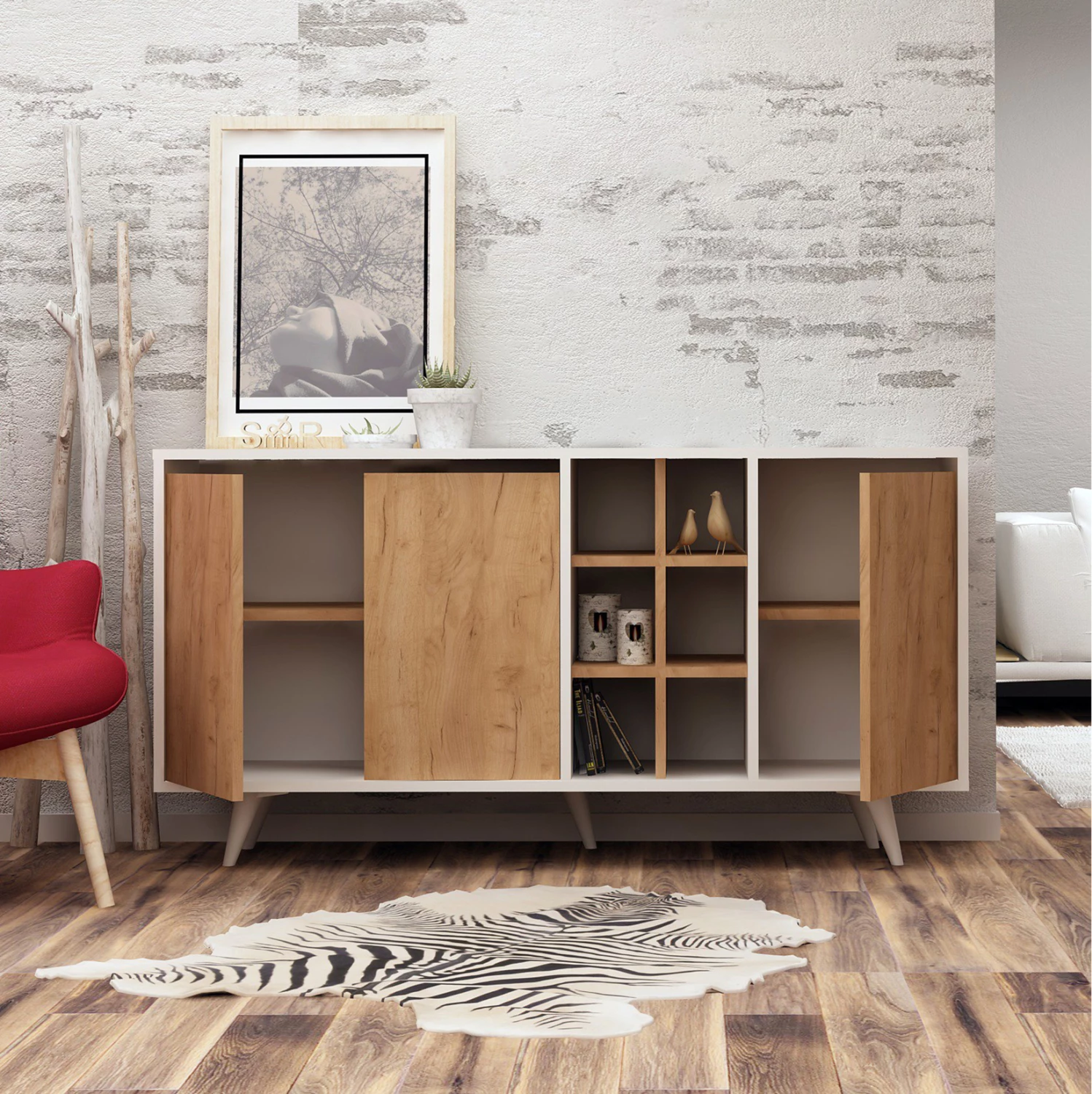 Bufe melamine e bardhë me dyer arre 140x40x86Hcm.FH9432.01