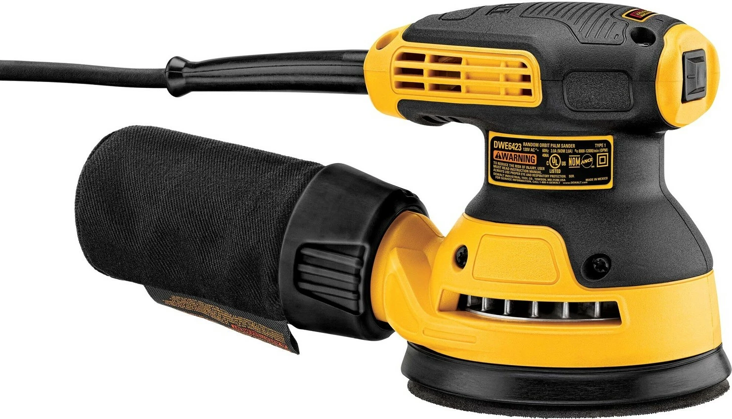 Lëmues orbital DeWALT 125mm 280W, zi/verdhe