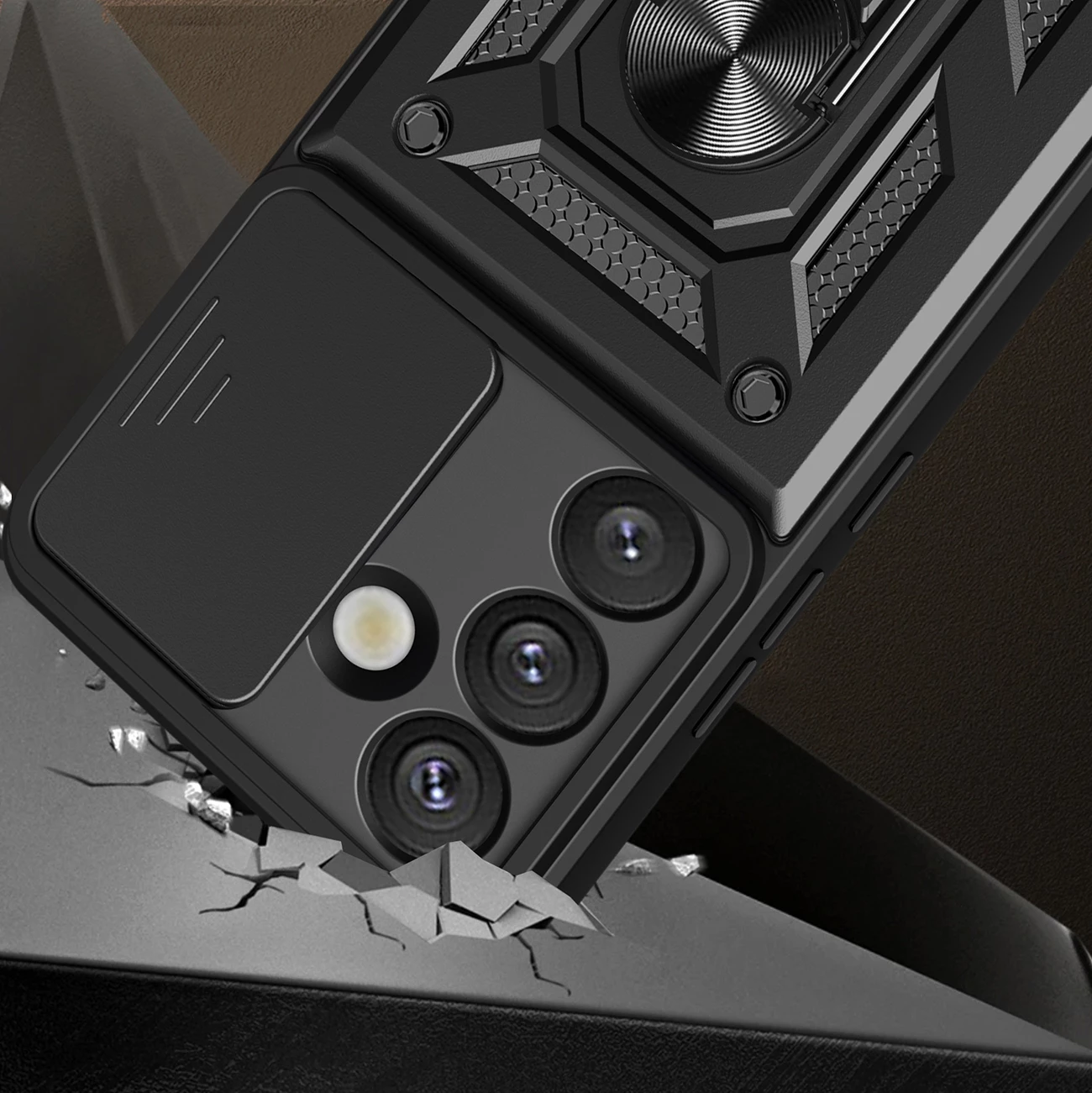 Mbështjellës Hurtel Hybrid Armor Camshield për Oppo F29 Pro 5G / A5 Pro 5G, i zi, me mbajtëse dhe kapak kamere