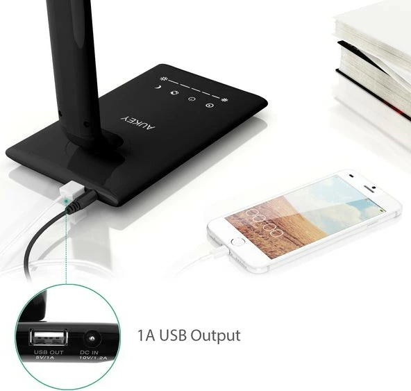 Lampë tavoline LED, AUKEY LT-T10, 12W, 3000-6500K, 7 nivele ndriçimi, 5 moda, port USB, e zezë