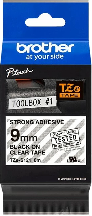 Kasetë etiketuese Brother TZe-S121, 9mm, tekst i zi mbi transparent, ngjitës i fortë, 8m