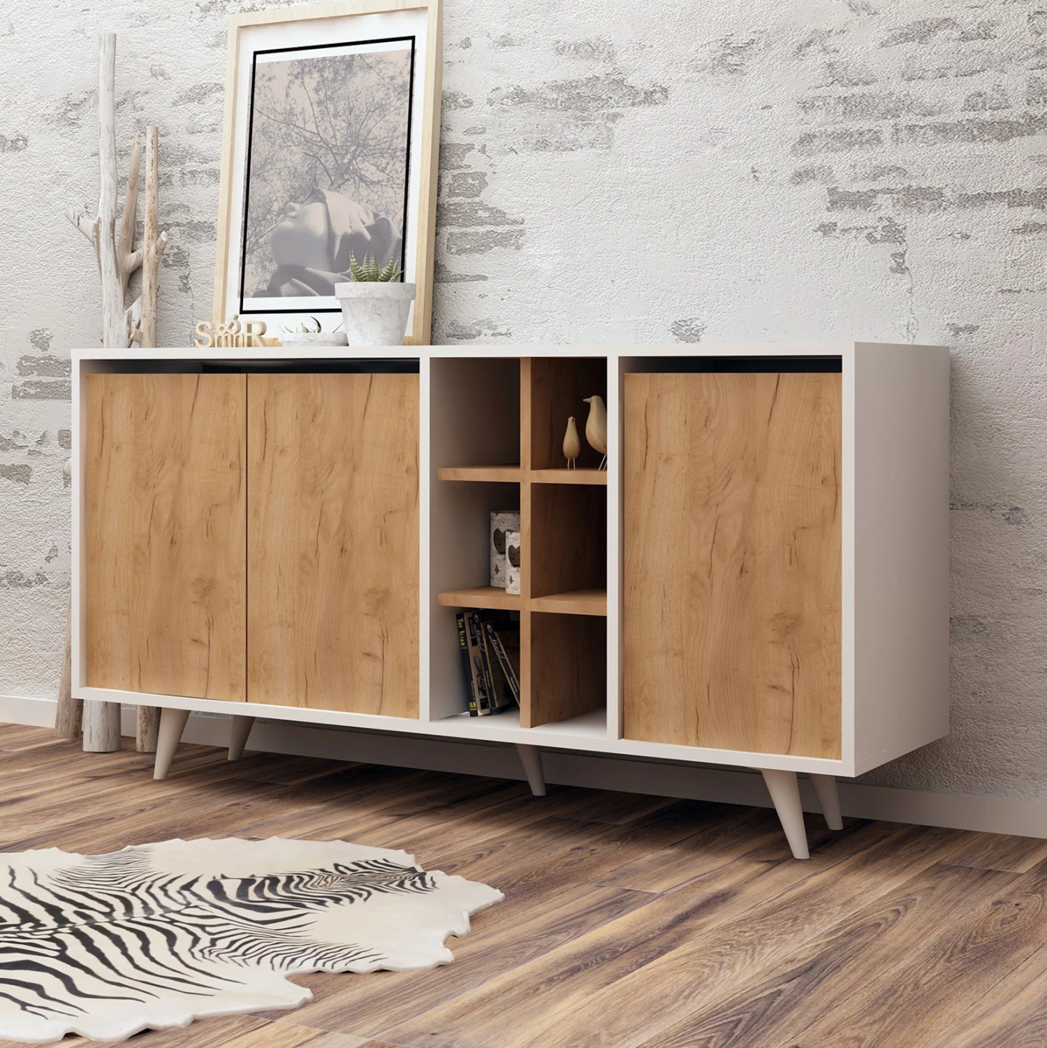 Bufe melamine e bardhë me dyer arre 140x40x86Hcm.FH9432.01