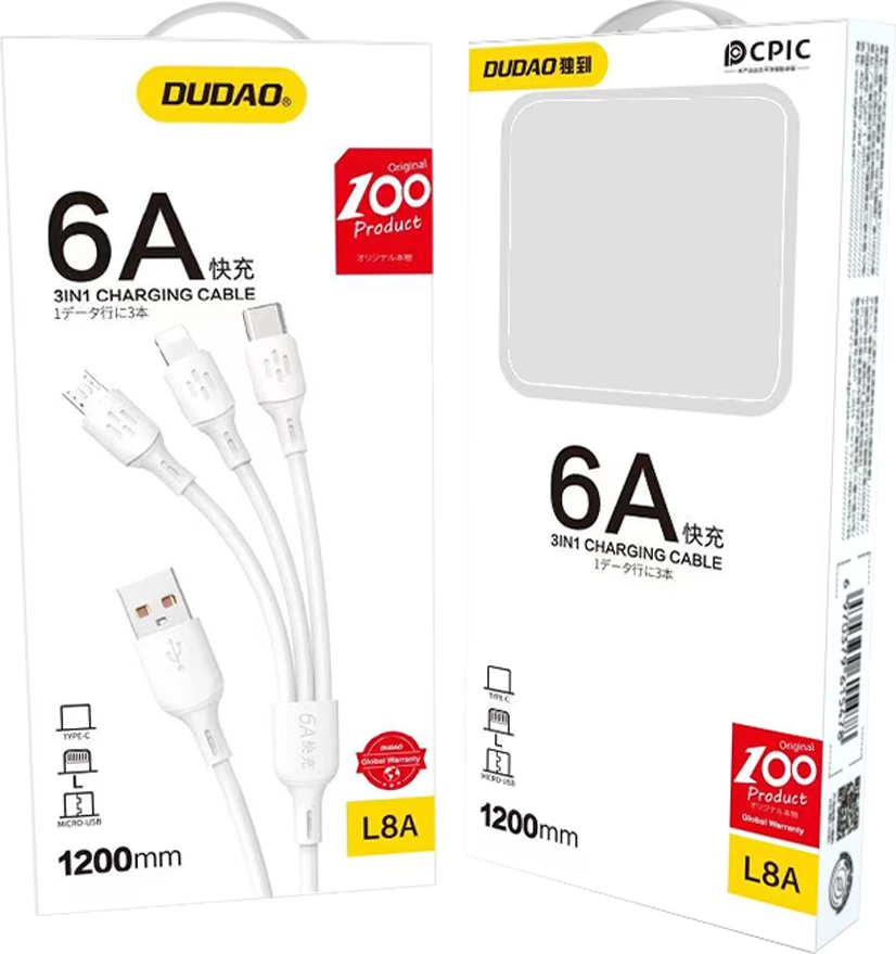 Kabllo USB Dudao L8AW 3-në-1, 1.2m, 6A, e bardhë