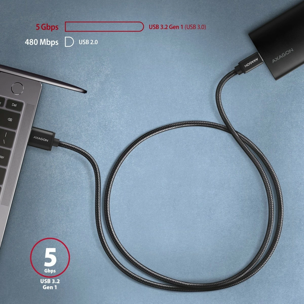 Kabllo AXAGON BUCM3-AM20AB USB-C në USB-A, 2m, 3A, i mbështjellë me najlon, Zi