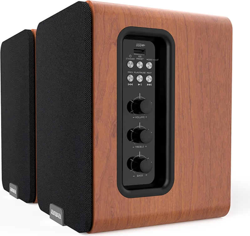 Altoparlantë aktivë Aiwa ASP-A200BR, 2 x 25 W RMS, Bluetooth 5.0, HDMI-ARC/Optik/COAX/USB/RCA, kafe, set 2 copë