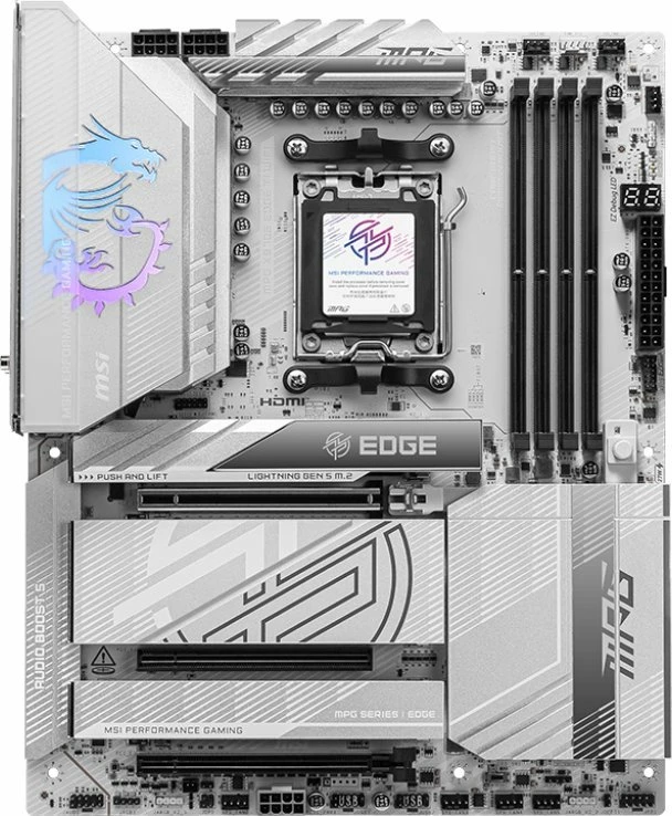 Pllakë amë MSI MPG X870E EDGE TI WIFI, ATX, DDR5, Wi‑Fi 7, PCIe 5.0, USB4, argjend-e bardhë