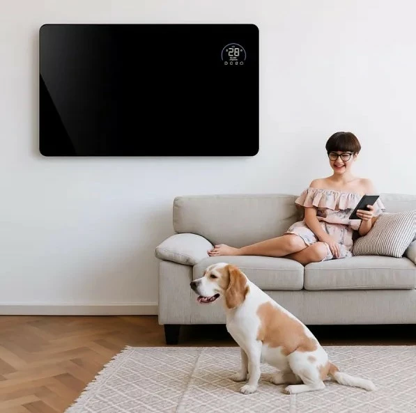 ngrohës panelor me infra të kuqe prej xhami, MPM MUG-23, 600W, Wi‑Fi Tuya, telekomandë, ekran LED, montim në mur ose me këmbë, e zezë