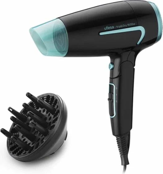 Tharëse flokësh e palosshme UFESA Trip&Dry 60305640, 1600W, voltazh universal, e zezë/mentë, me difuzor dhe grykë përqendruese