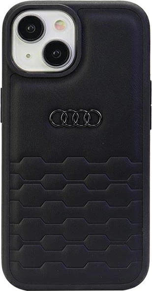 Mbështjellës Audi GT për iPhone 15 Plus, lëkurë sintetike, i zi