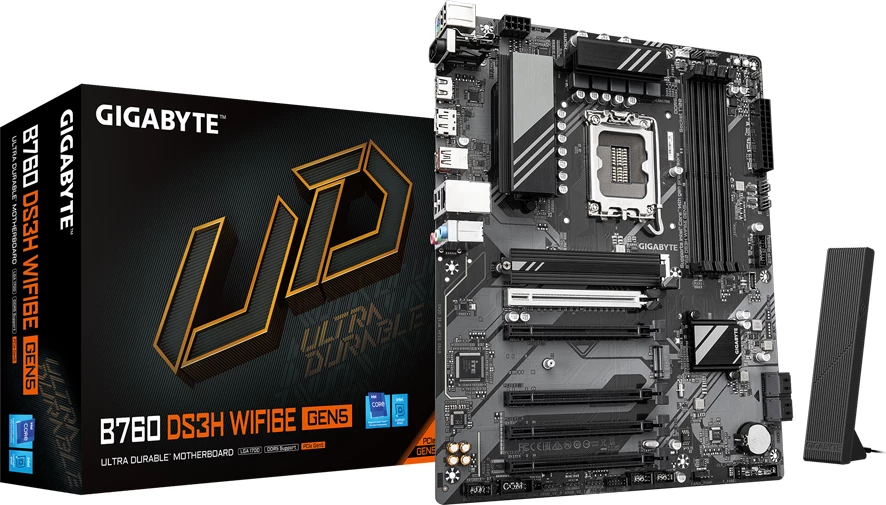 Pllakë amë GIGABYTE B760 DS3H WIFI6E GEN5, LGA1700, ATX, 4x DDR5, Wi‑Fi 6E, Bluetooth 5.3