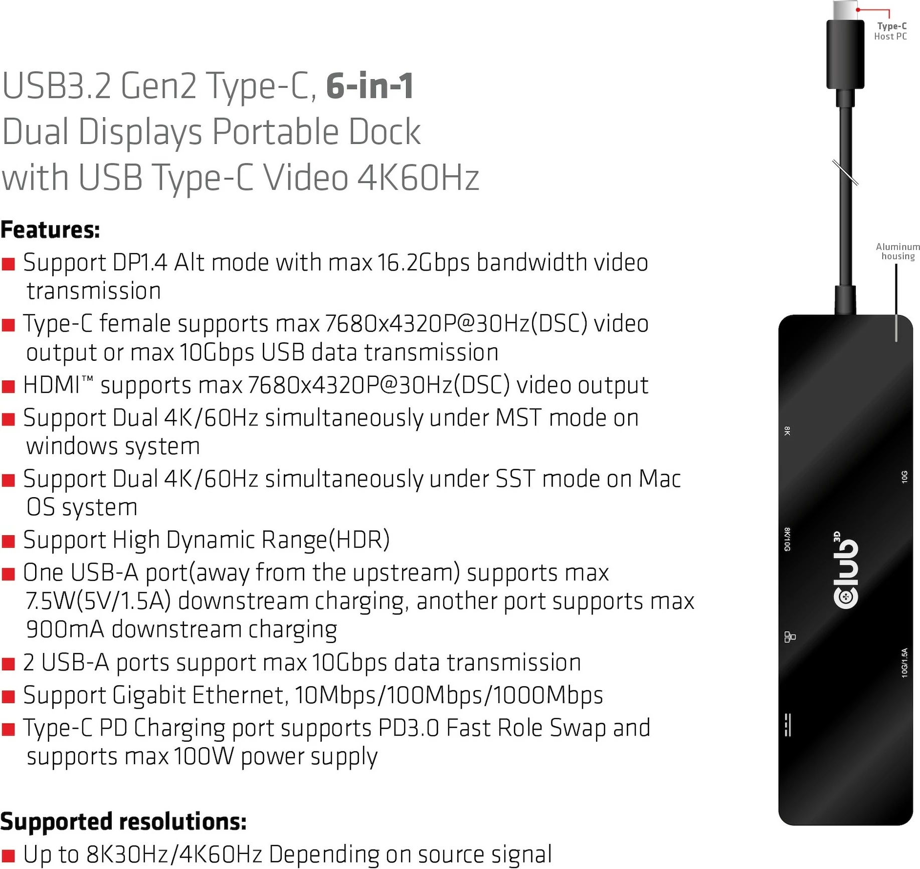 USB HUB Club3D 6in1, HDMI, 2xUSB-C, 2xUSB, LAN, 8K30Hz, PD100W, zi
