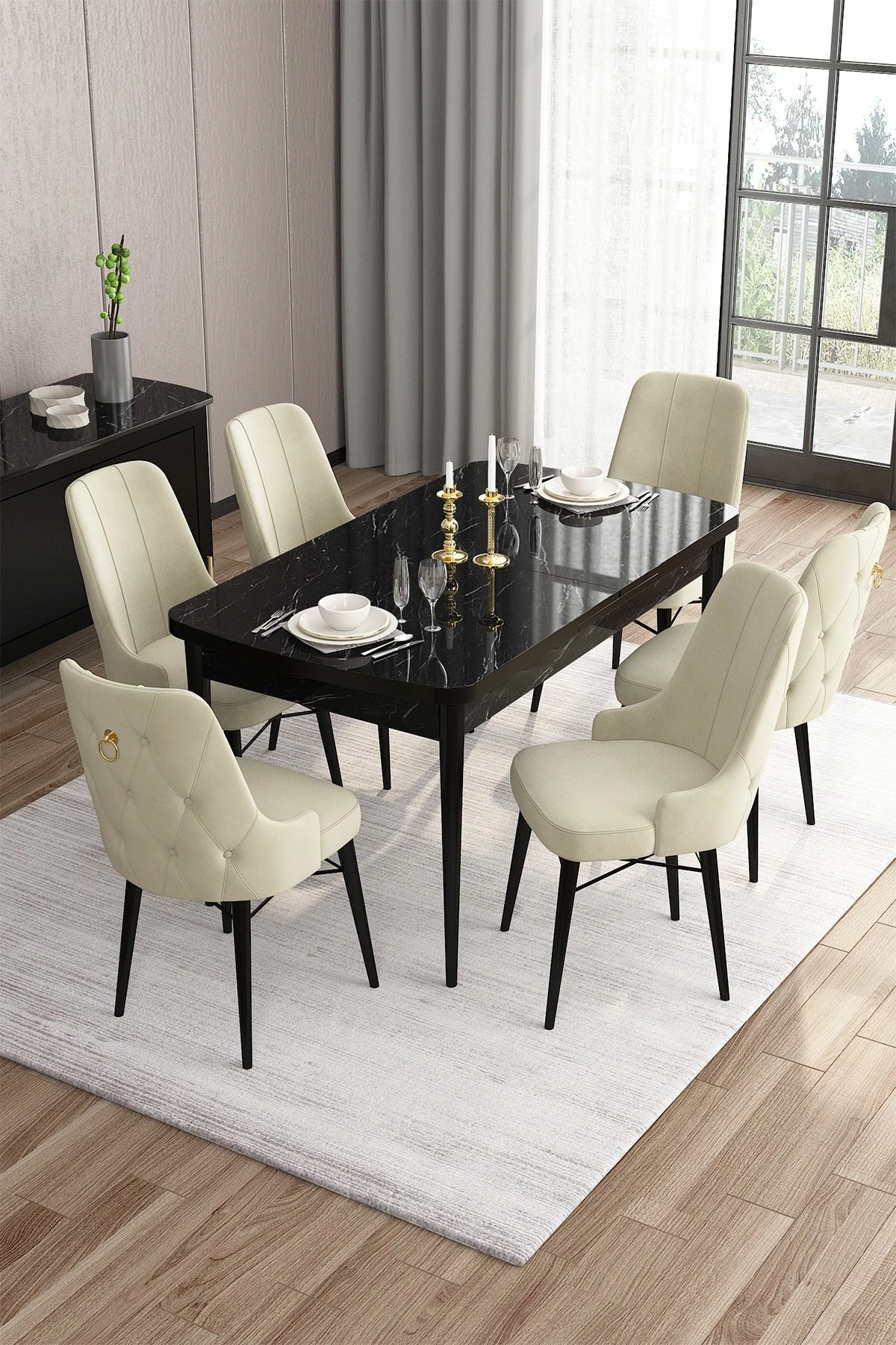 Set tavoline me karrige për ngrënie, zgjatës, 7 copë, Skye Decor, ngjyrë mermeri të zi, krem