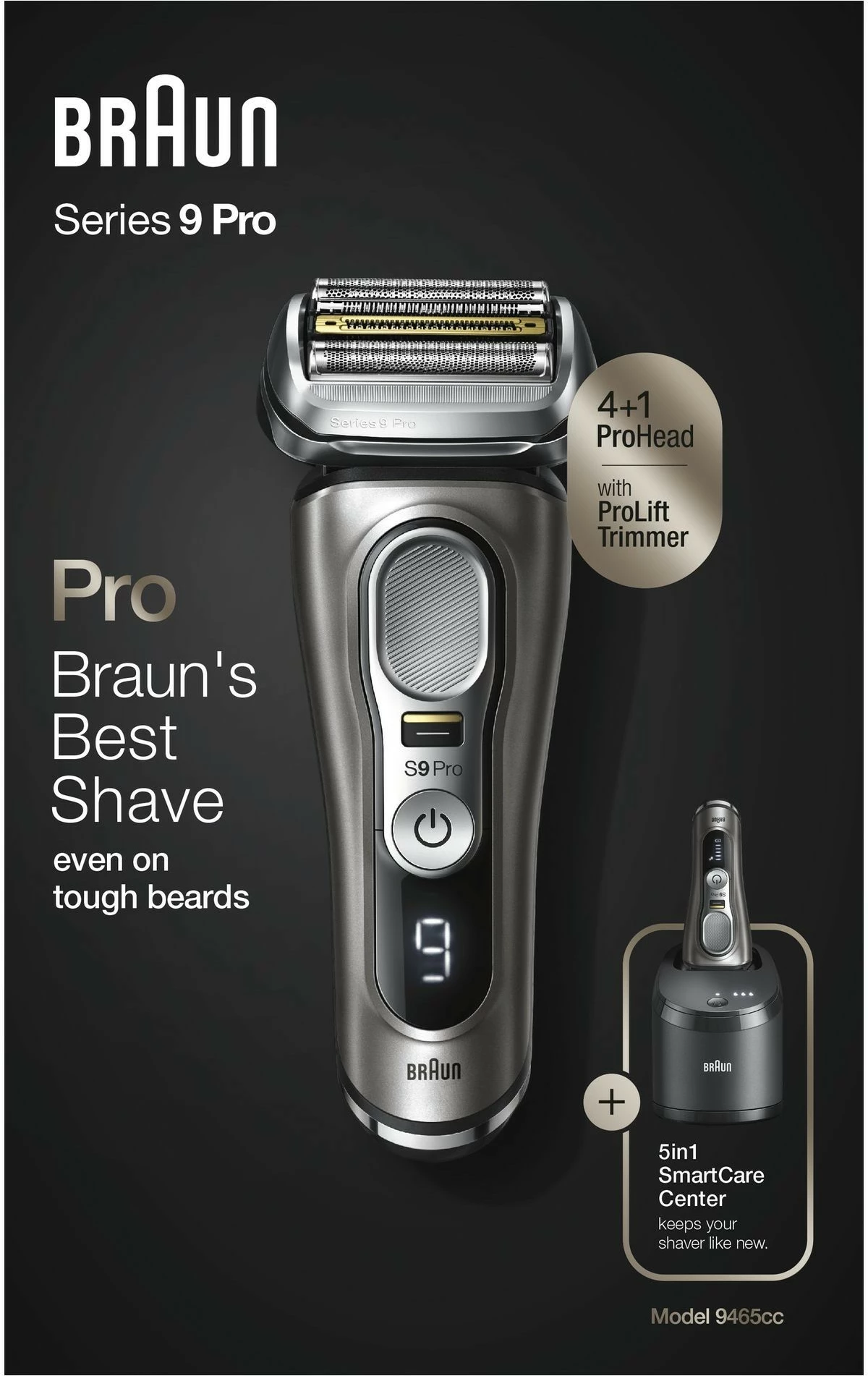 Makinë rroje Braun Series 9 Pro 9465CC, 0.05 mm, Bateri, E zezë, Argjendtë