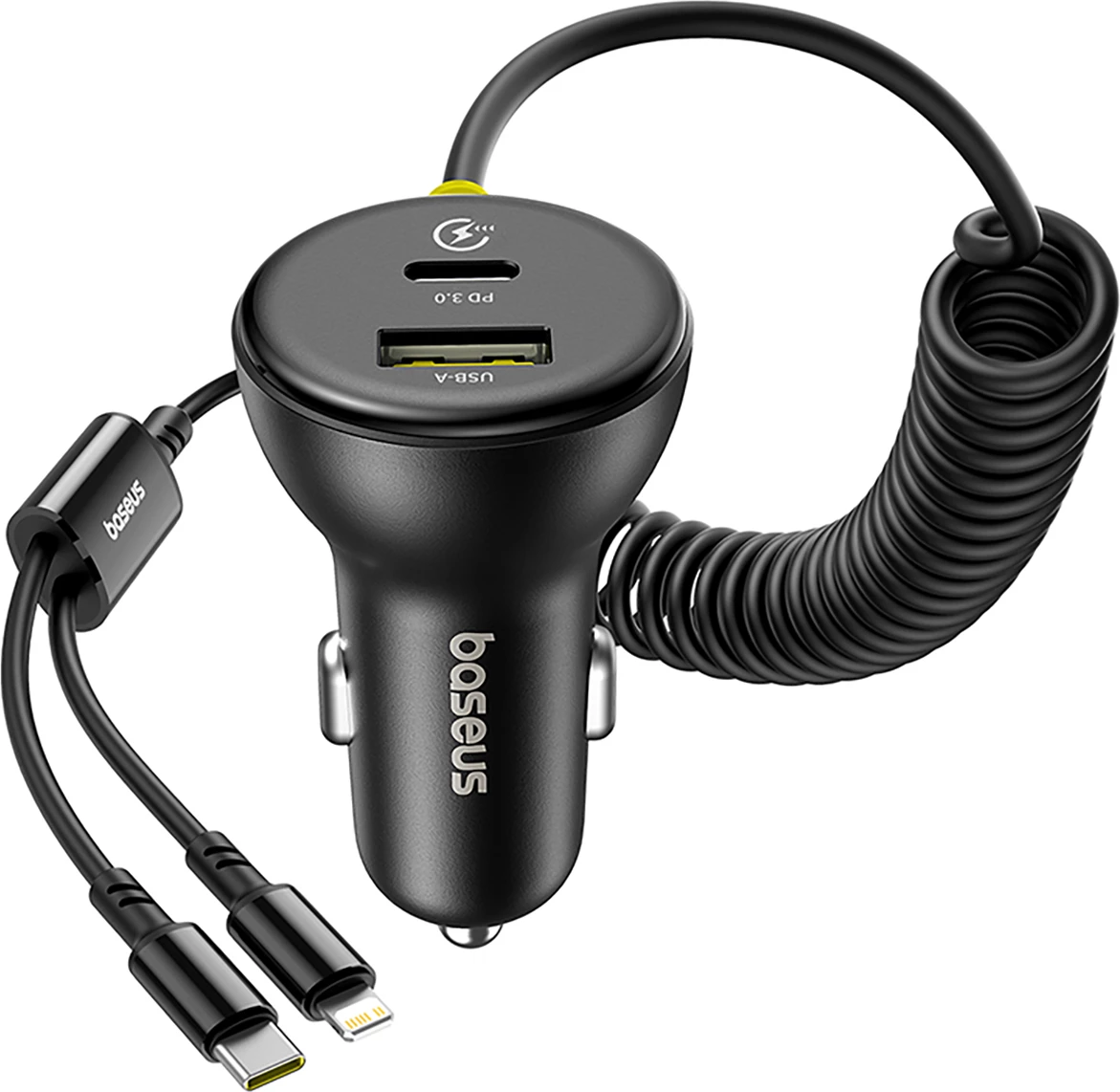 Karikues veture Baseus Circular, 60W, USB-A + USB-C, kabllo e integruar Lightning + USB-C 1.4m, e zezë