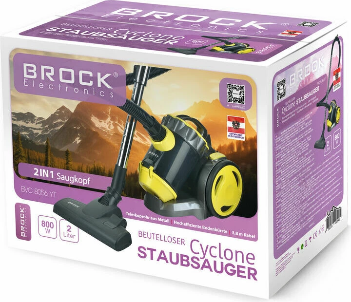 Fshesë elektrike Brock BVC 8056 YT 800 W, ciklonike pa qese, enë pluhuri 2 L, e zezë/verdhe
