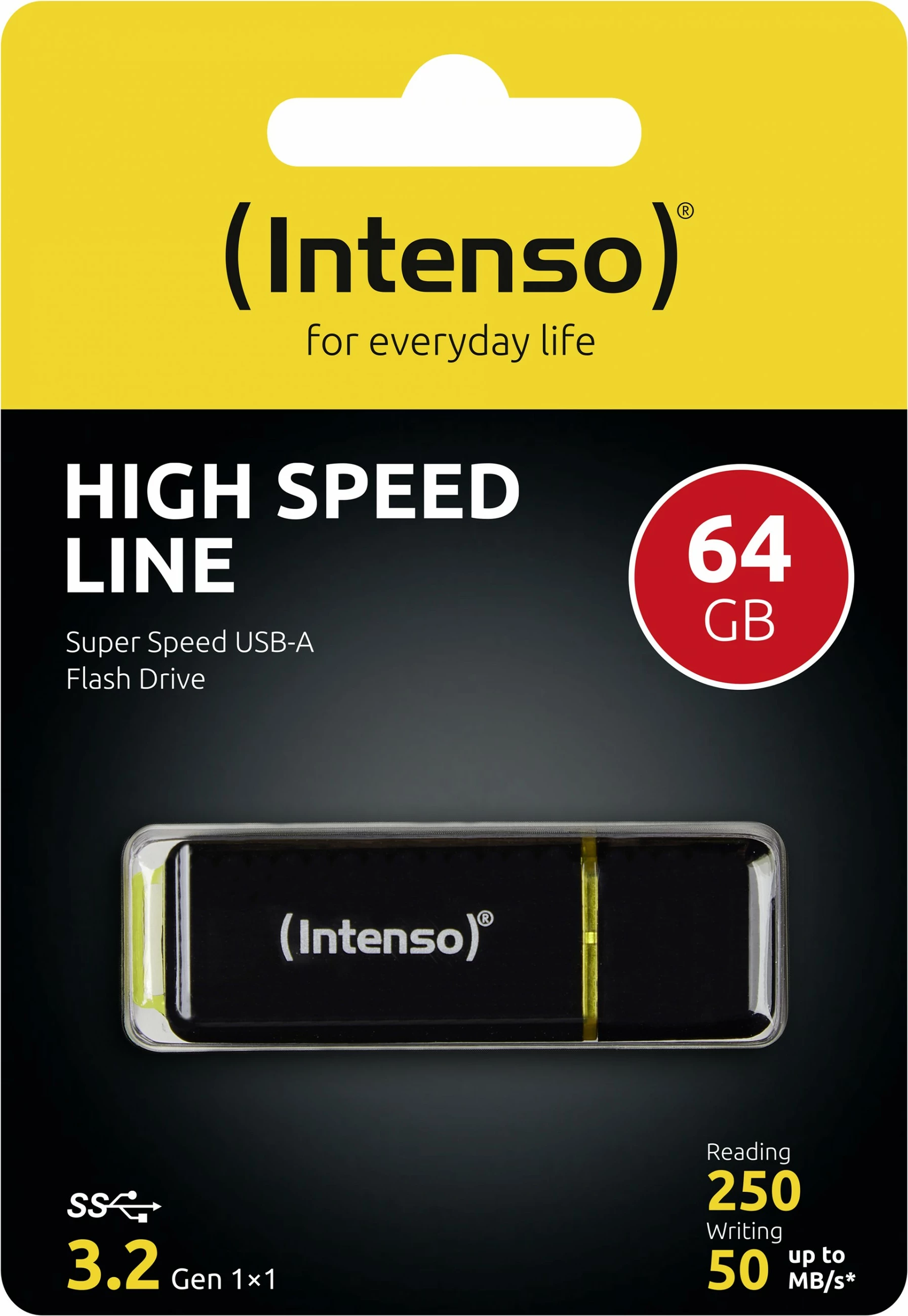 USB Intenso High Speed Line 64 GB, USB 3.2, zi, verdhë