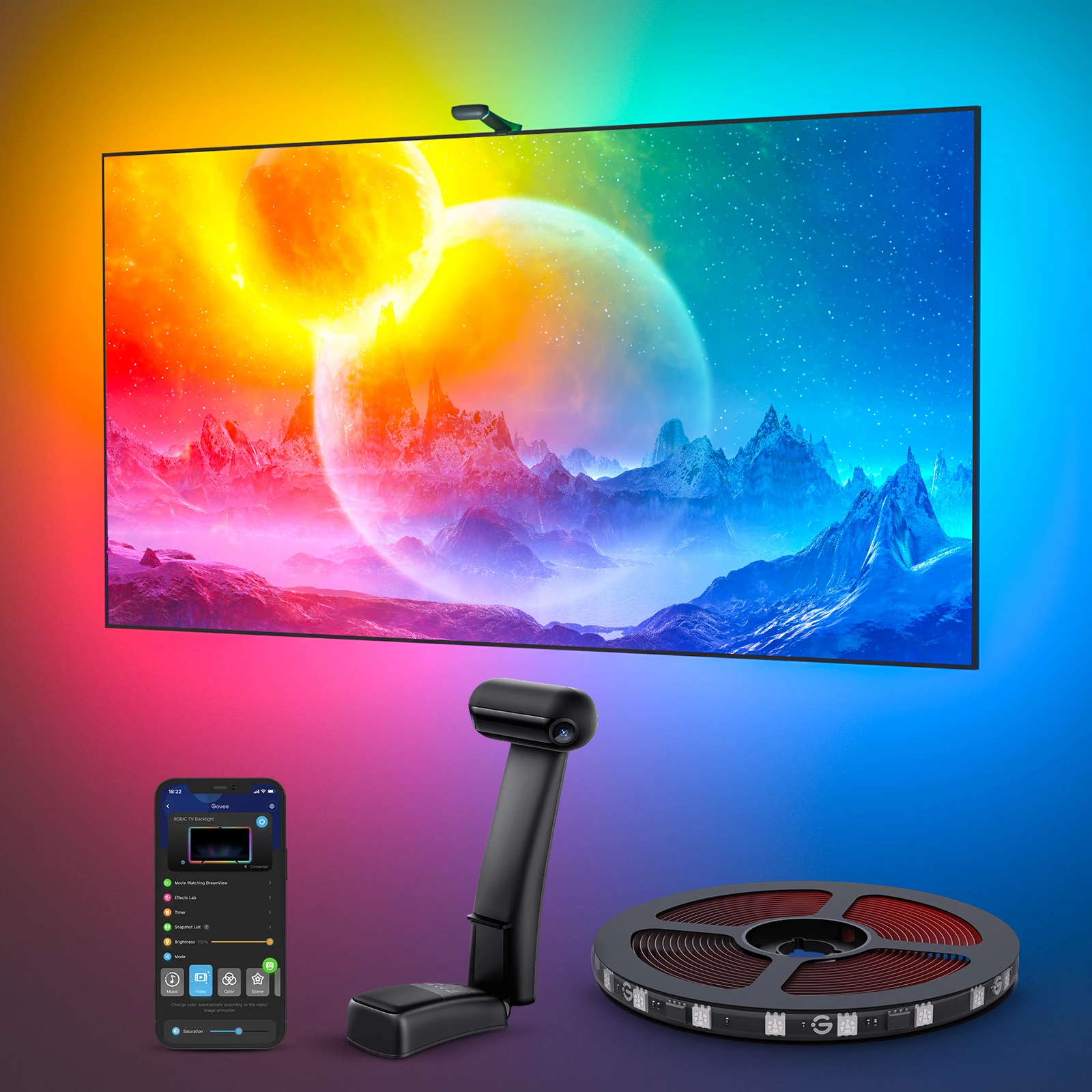 Ndriçim prapa TV Govee Envisual TV Backlight T2, për 75-85\", RGB, set me kamerë