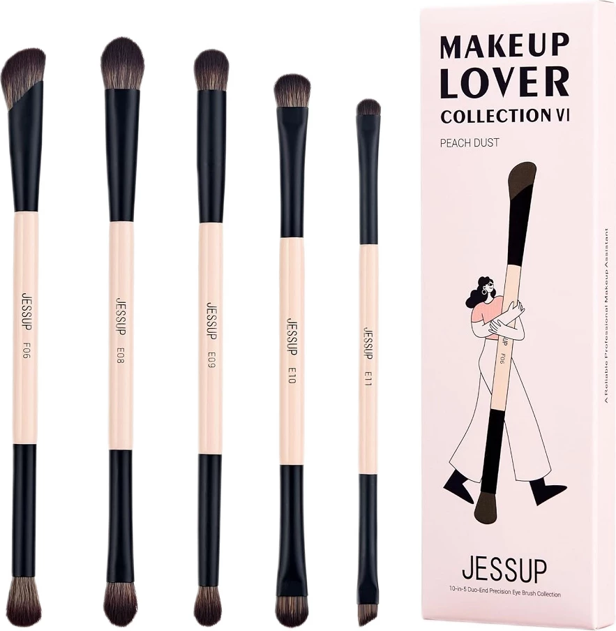 Set furçash për grim JESSUP 10-in-5 Duo-End Brush Versatility Collection për femra Peach Dust 5 copë