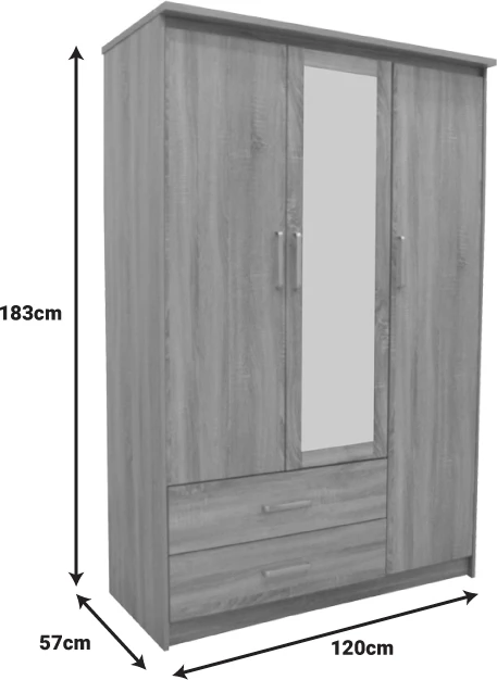 Dollap Olympus me 3 dyer dhe sirtarë+pasqyrë, ngjyrë lisi e çelët, 120x57x183
