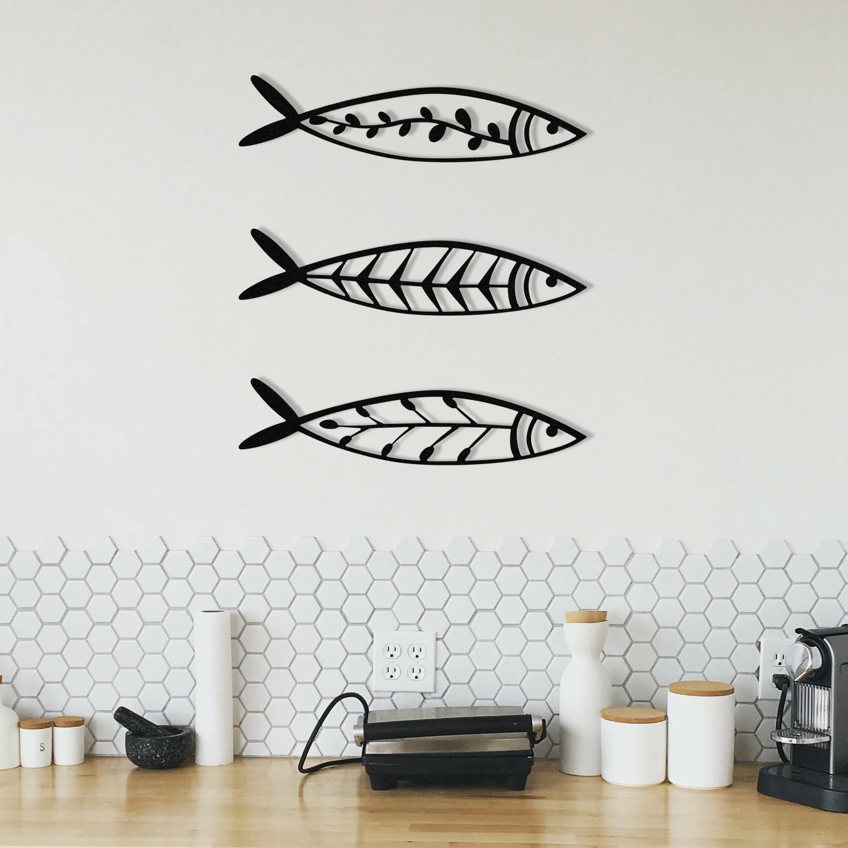 Aksesor dekorativ metalik për mur, Wallity, Hamsi, set prej 3 copash