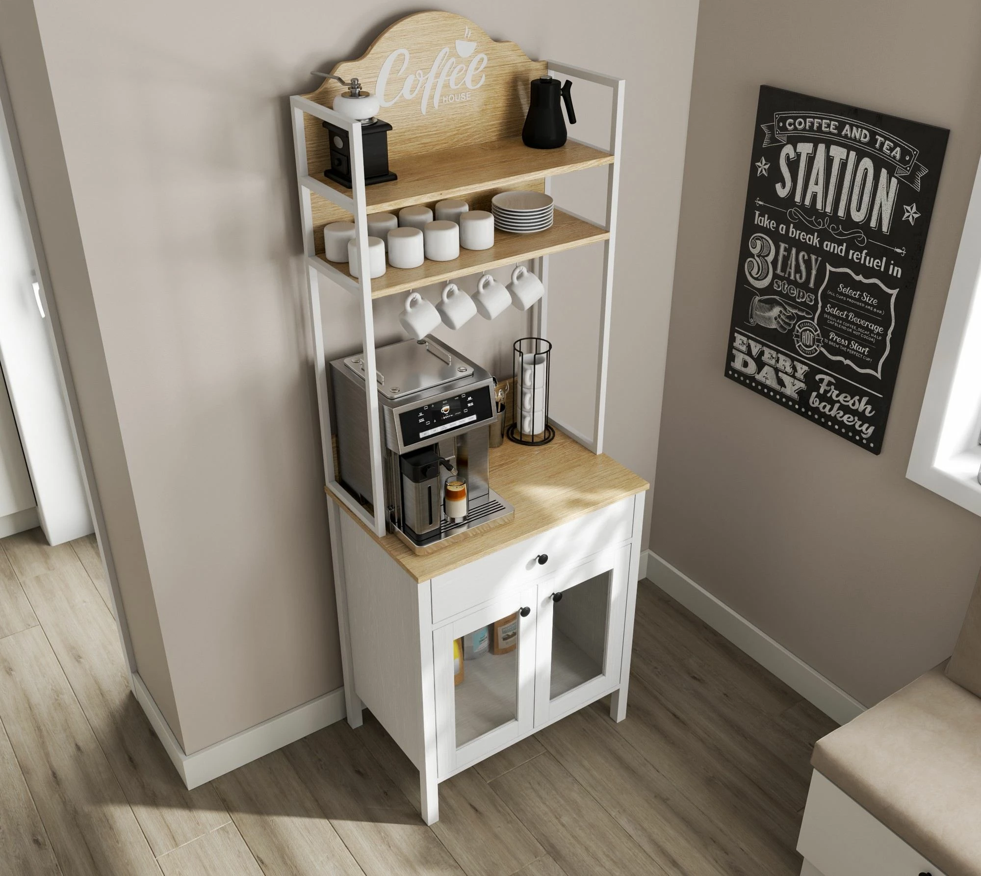 Kabinë për kafe, ngjyrë druri dhe e bardhë, Hanah Home, FRN-20076-1