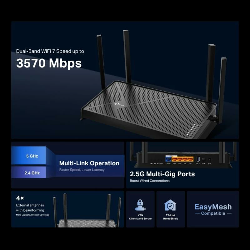 Router Wi‑Fi 7, TP-Link Archer BE230, BE3600 dual-band, porte 2.5Gbps WAN/LAN, USB 3.0, i zi