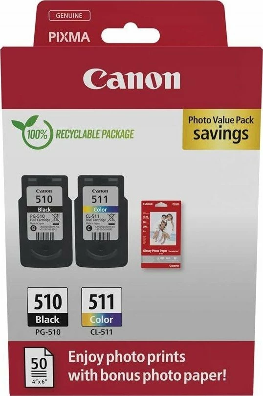 Set kartrixhe boje Canon PG-510/CL-511 Photo Value Pack, 1x Black + 1x Color, 50 fletë letër foto 10x15 cm, CMYK