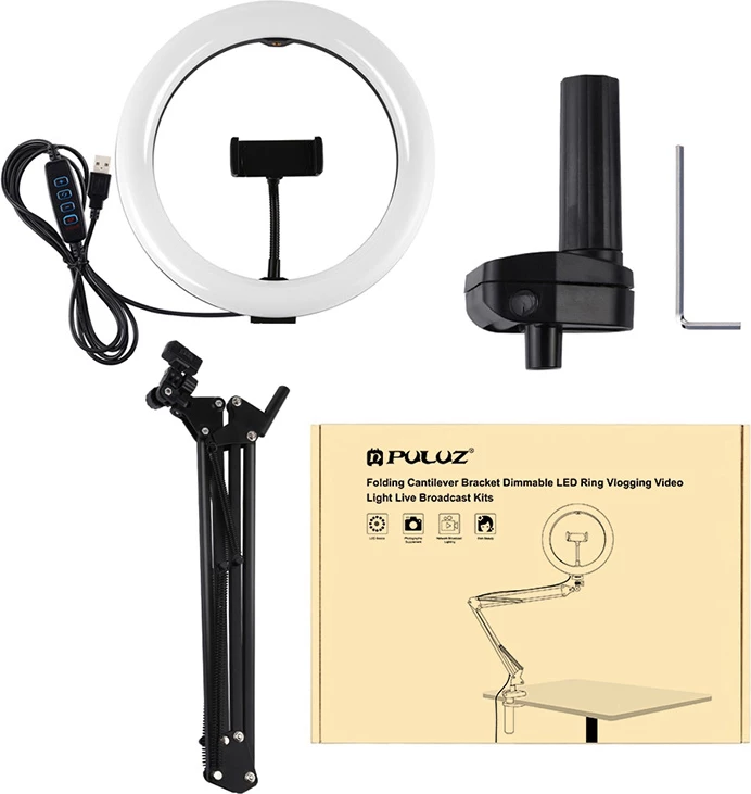 Ring light Puluz PKT3090B me stativ tavoline dhe kapëse telefoni, 26cm, LED, e bardhë
