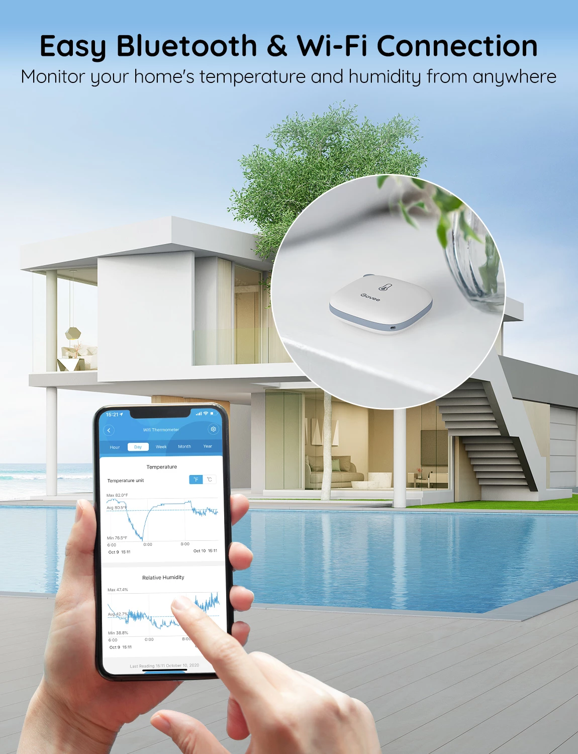 Termo-higrometër Wi‑Fi Govee H5179, Bluetooth, njoftime në aplikacion, i bardhë