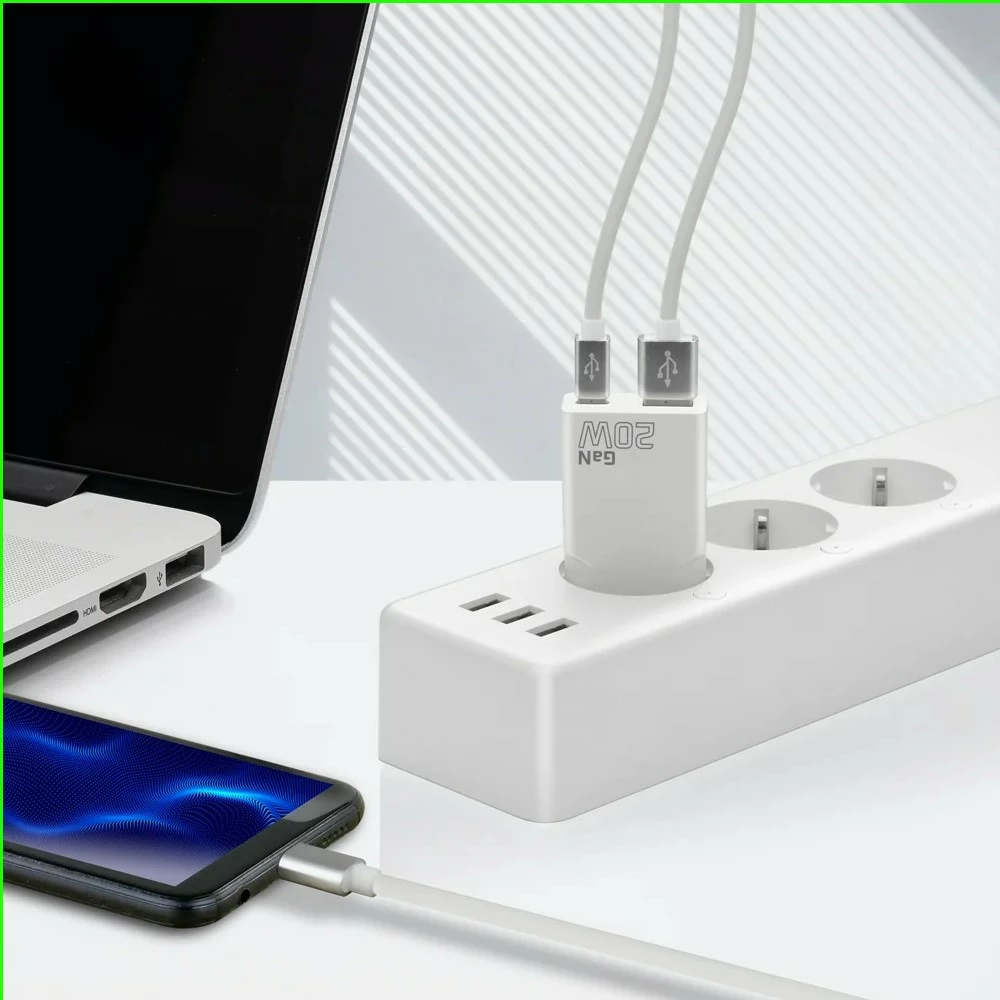 Karikues muri, everActive, SC-340Q, GaN super slim, USB QC 3.0 + USB-C PD 20W, 1x USB + 1x USB-C, i bardhë