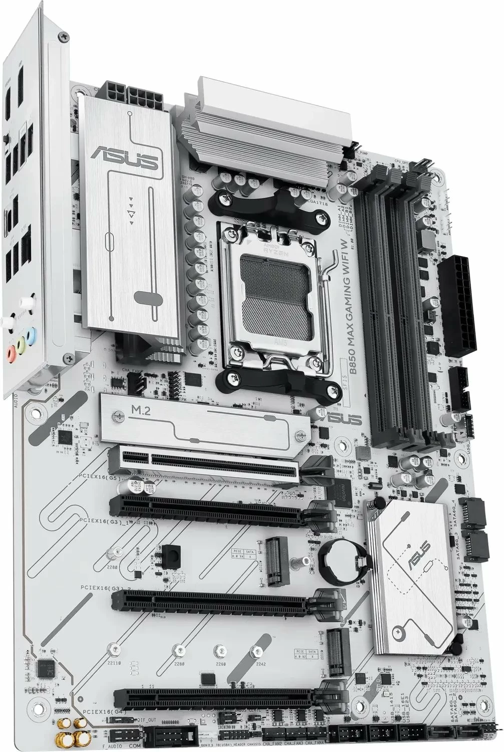 Pllakë amë Asus B850 MAX GAMING WIFI W ATX DDR5 deri 256GB, Wi‑Fi 6E/Bluetooth, e bardhë, me antenë WiFi dhe 2x kabllo SATA