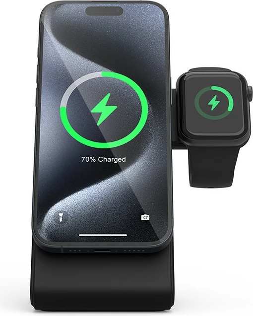 Karikues wireless 3-në-1 CRONG MagSpot me MagSafe, për iPhone, Apple Watch dhe AirPods, 20W, i zi