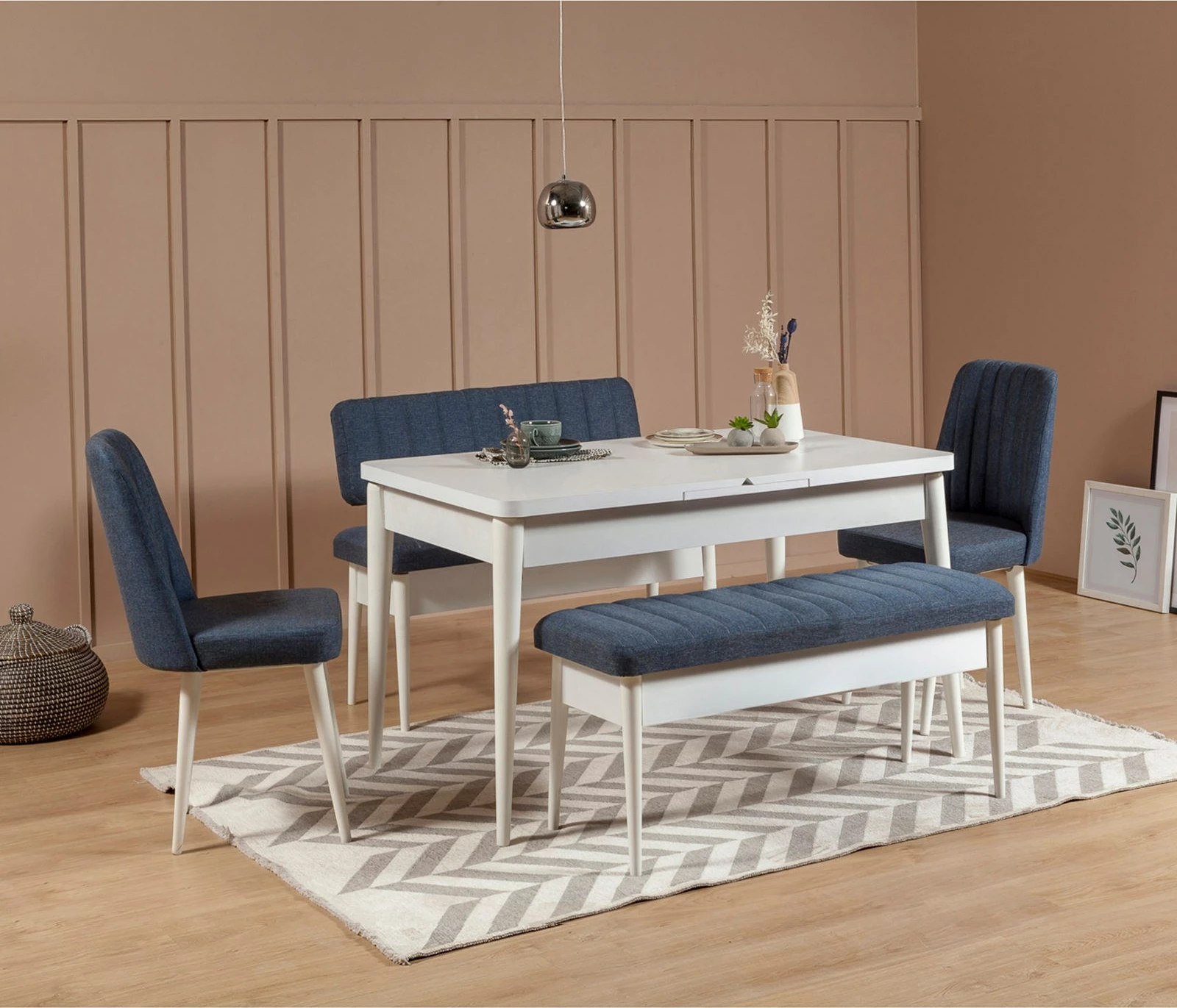 Tavolinë me karrige, set 5 pjesësh, Hanah Home, Vina, e bardhë dhe kaltër e errët