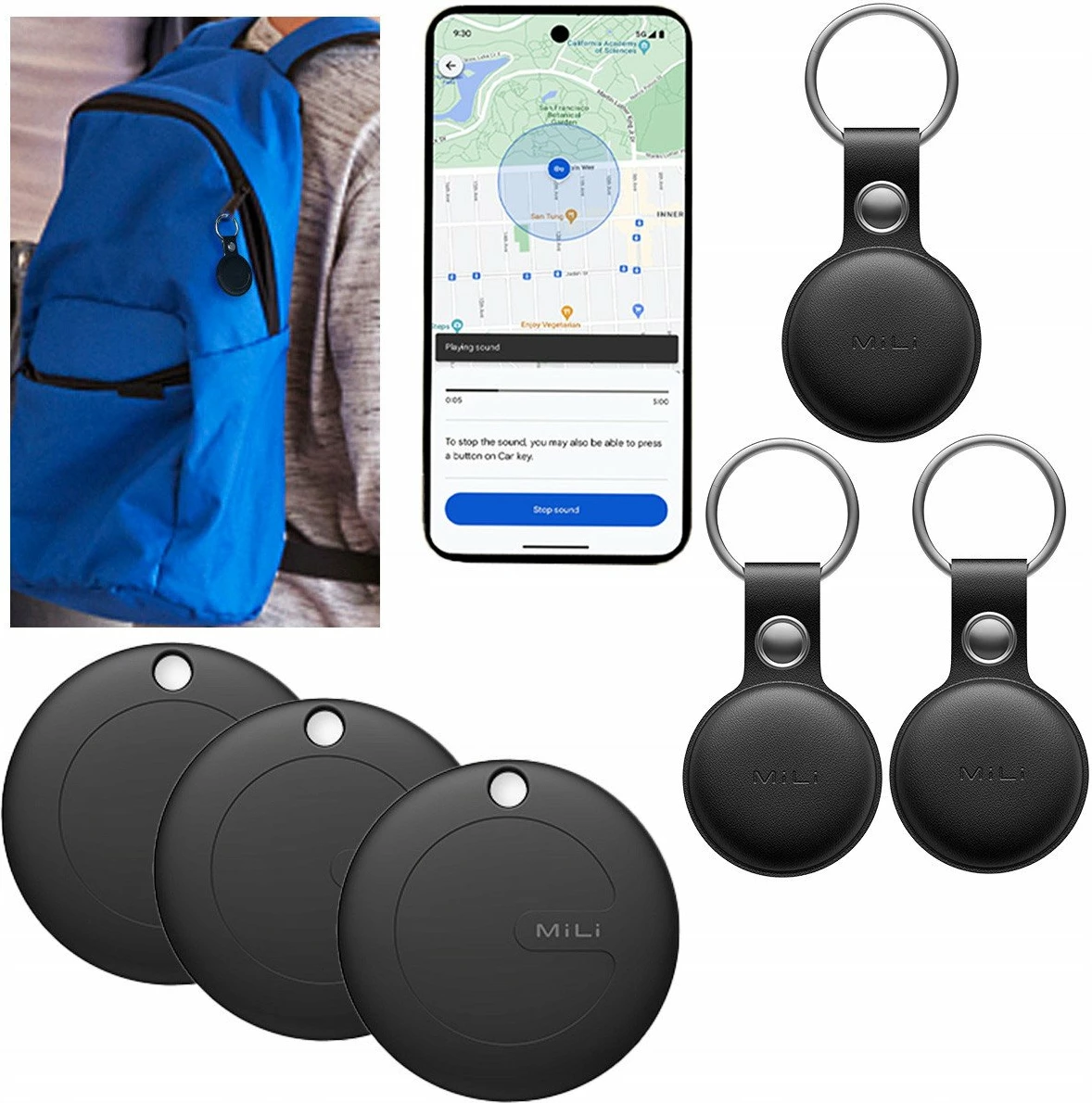 Gjurmues Bluetooth MiLi MiTag APL për iOS, BLE 5.2, IPX67, me këllëf, 3 copë, i zi