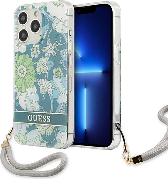 Mbështjellës Guess Flower Strap për iPhone 13 Pro Max 6.7", i gjelbër me lule dhe rrip dore