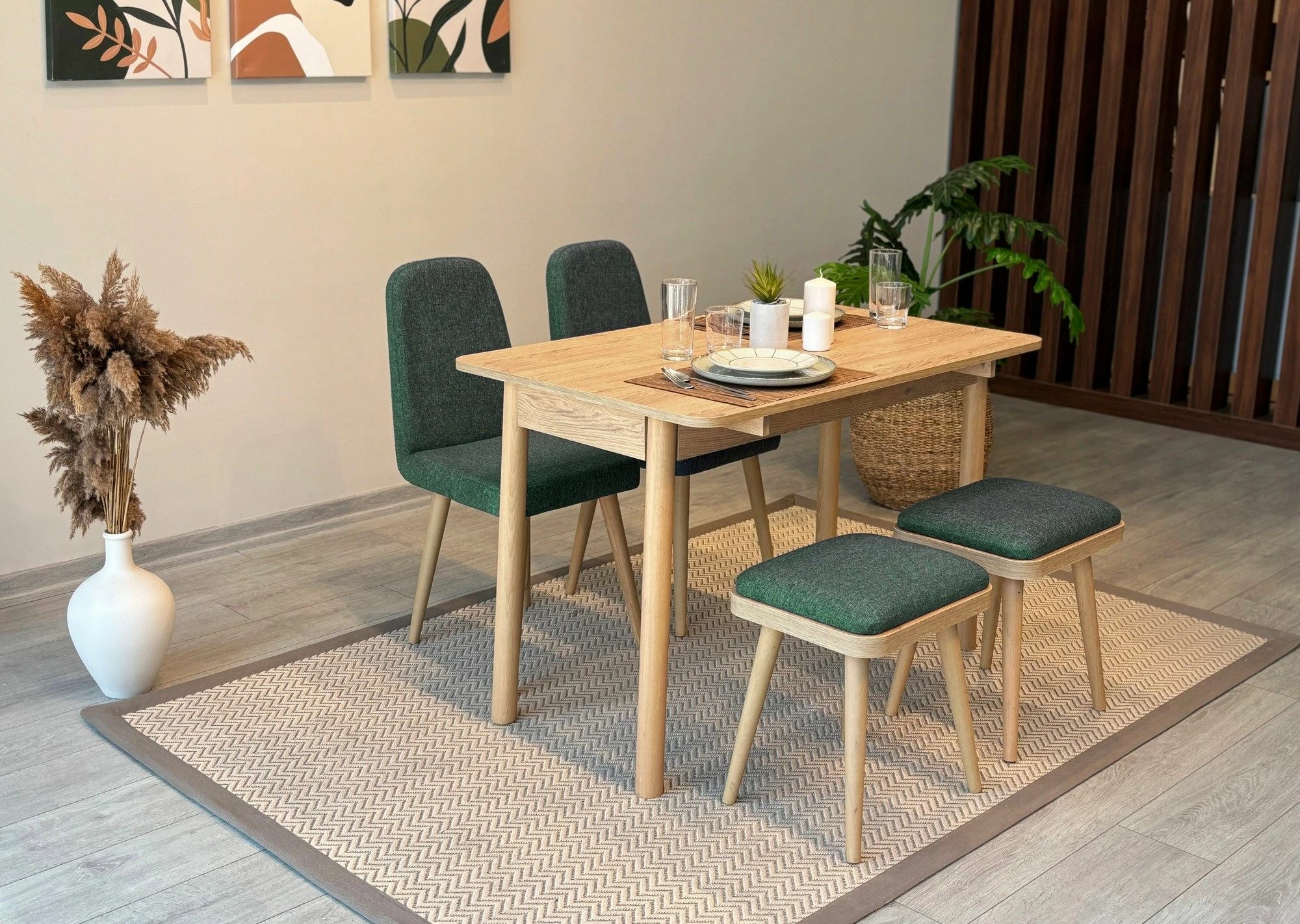 Tavolinë me karrige të zgjatshme, 5 copë, ngjyrë lis dhe e gjelbër, Skye Decor, Vina Mini 02 1070