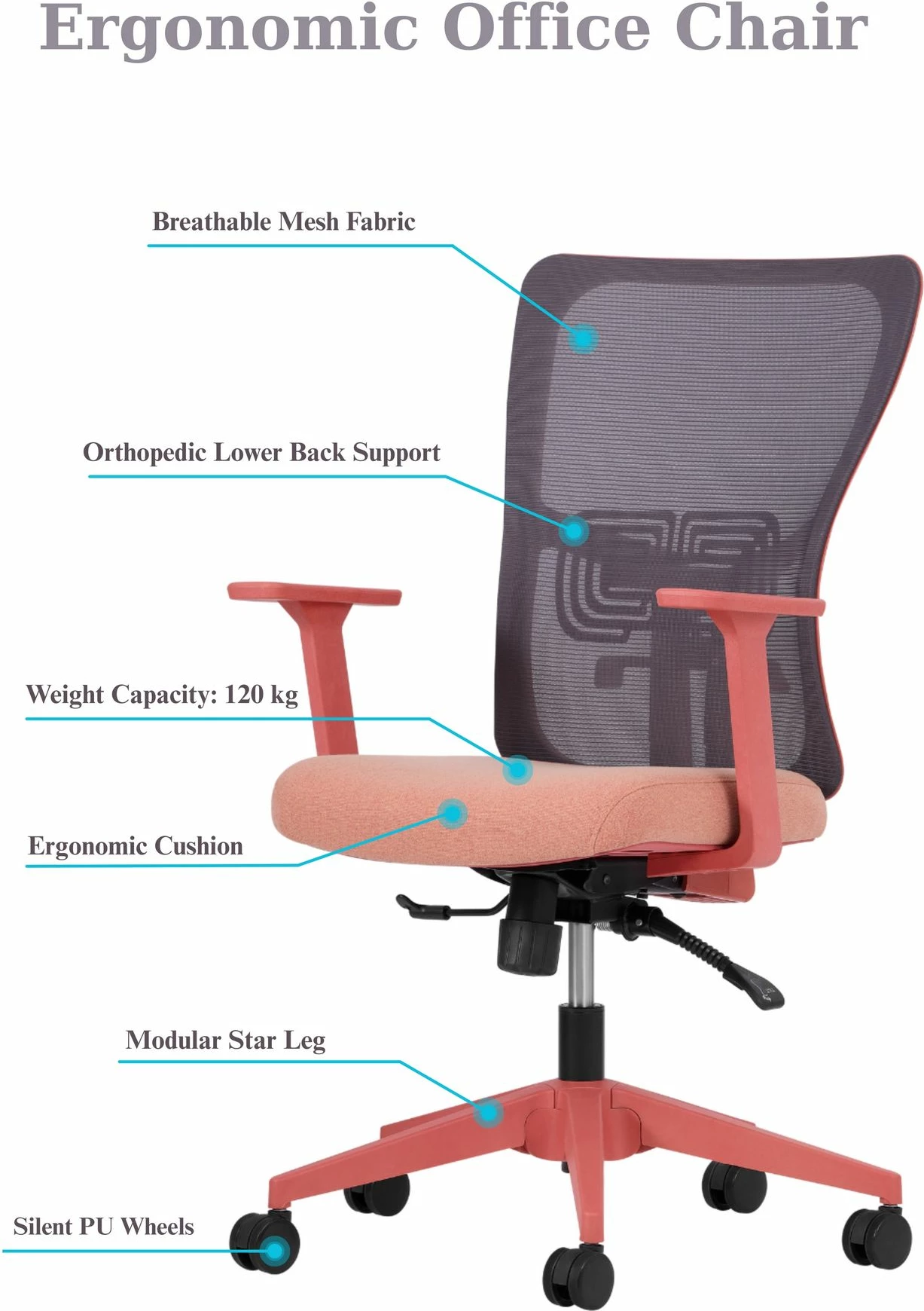 Karrige zyre Skye Decor, mbështetje mesit, 108 cm, ngjyrë salmon