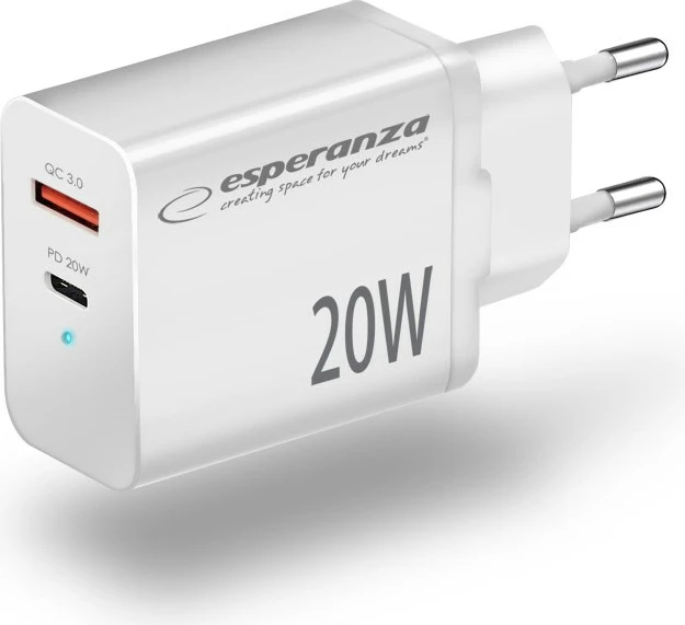 Karikues Esperanza EZC105W, 20W, Quick Charge 3.0, 1x USB-A, 1x USB-C, Bardhë