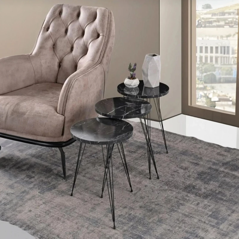 Tavolina anësore Wakmi set 3 copë mermer i zi melaminë-metal i zi